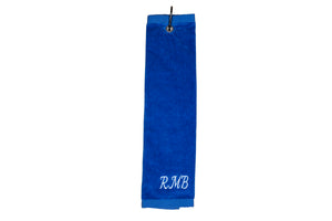 Personalised golf towel 100% royal blue cotton velour with carabiner and grommet