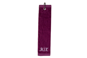 Personalised golf towel 100% burgundy cotton velour with carabiner and grommet