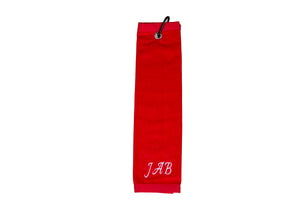 Personalised golf towel 100% red cotton velour with carabiner and grommet